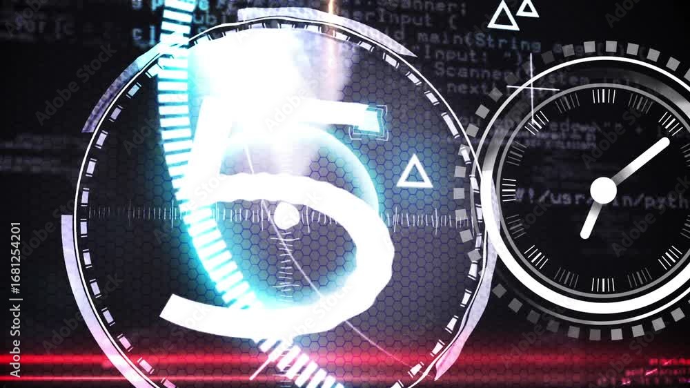 Poster animation of scope scanning with countdown and clock over data processing on black background