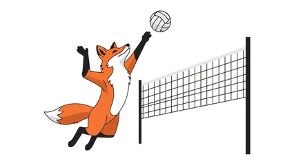 Fototapeta premium Fox's Volleyball Spike: A playful illustration depicts a determined fox, leaping with gusto to spike a volleyball over a net, showcasing energy and the thrill of competition.