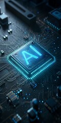 The intricate details of a powerful AI processor bathed in a vibrant blue light on an electronic circuit board.