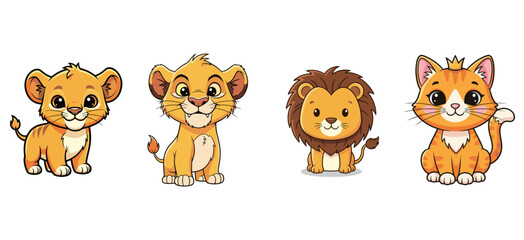 Cute cartoon lion cubs and cat pose. Friendly characters. Illustration, animals, lion, cub, cat, cartoon, cute, pet, feline, tiger, playful.