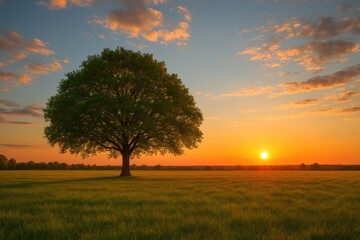 Obraz premium Golden hour with a lone tree standing in a field