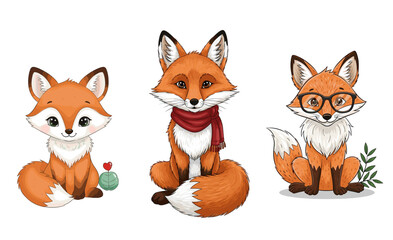 Cute foxes sit: different poses and styles. Adorable animals with glasses, scarf, cactus. Wildlife, cartoon, illustration, character design, woodland creatures