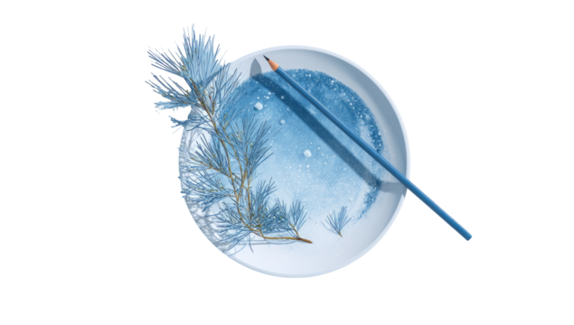 A round, light-colored plate, depicting a winter scene with pine branches and a pencil