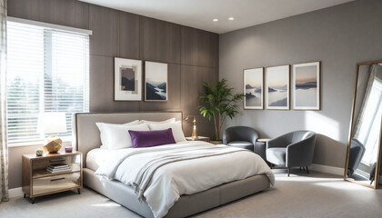 Modern bedroom with neutral tones and king-size bed

