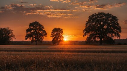 Obraz premium Scenic evening scene featuring trees and a sunset above a grassy landscape