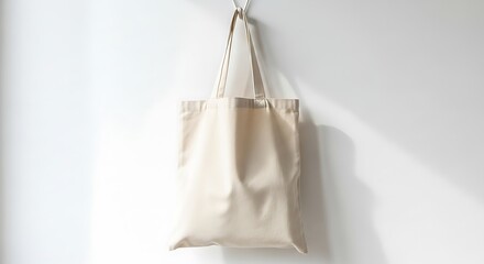 Minimalist Beige Tote Bag Hanging on White Wall with Soft Shadow
