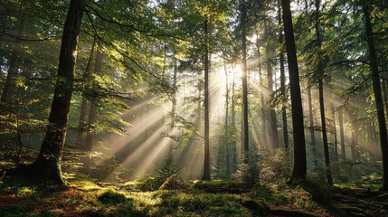Obraz premium Sunlight streaming through tall trees in a dense forest - Natural woodland scene
