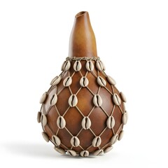 Authentic shekere, a unique African musical instrument crafted from a dried calabash and embellished with a decorative shell net, symbolizing rhythm and heritage