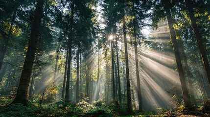 Fototapeta premium Sunlight streaming through tall trees in a dense forest - Natural woodland scene