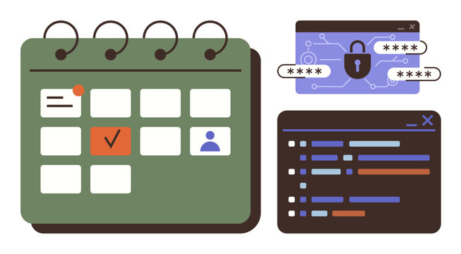 Calendar marks date with check, secure password padlock, and code editor interface. Ideal for organization, productivity, coding, task management, digital security, planning simple flat metaphor