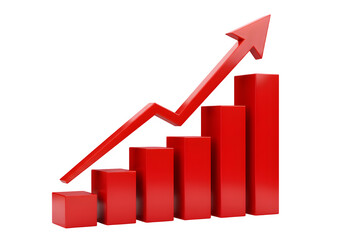 A striking red 3D bar graph with a bold upward trend arrow Isolated on white or transparent background. PNG format.