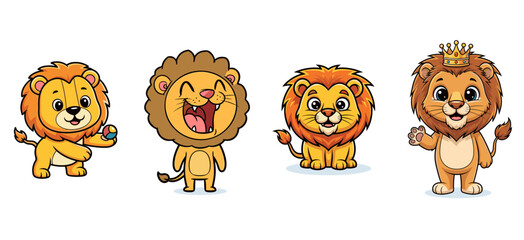Cartoon lions stand and sit in different poses. Cute animal characters, playful, wildlife, mammal, cheerful, happiness