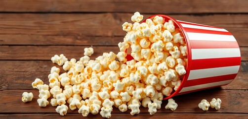 Buttery popcorn overflowing a red striped bucket, spilling onto a rustic wooden table,  movie,  background