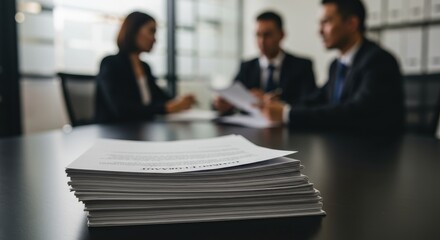 Businesspeople discussing documents in meeting room