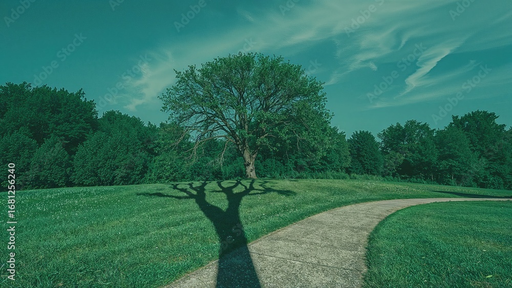 Poster tree's shade falling across a pedestrian trail