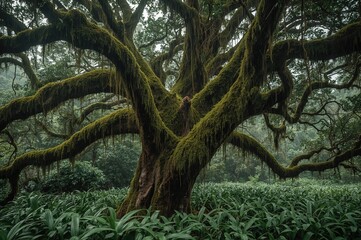 Lush moss-covered tree during the wet season surrounded by vibrant greenery and forest foliage