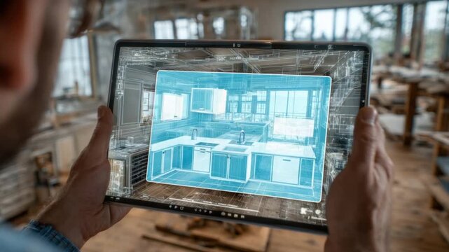 Person holding digital tablet displaying 3D architectural visualization of modern kitchen interior design with natural light and wooden elements