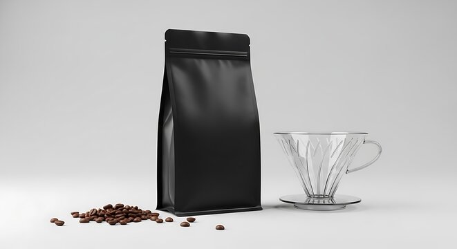 Minimalist Coffee Setup: Black Bag, Dripper, and Roasted Beans on White