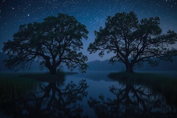 A peaceful lake surrounded by trees in a misty wetland beneath a starry night sky