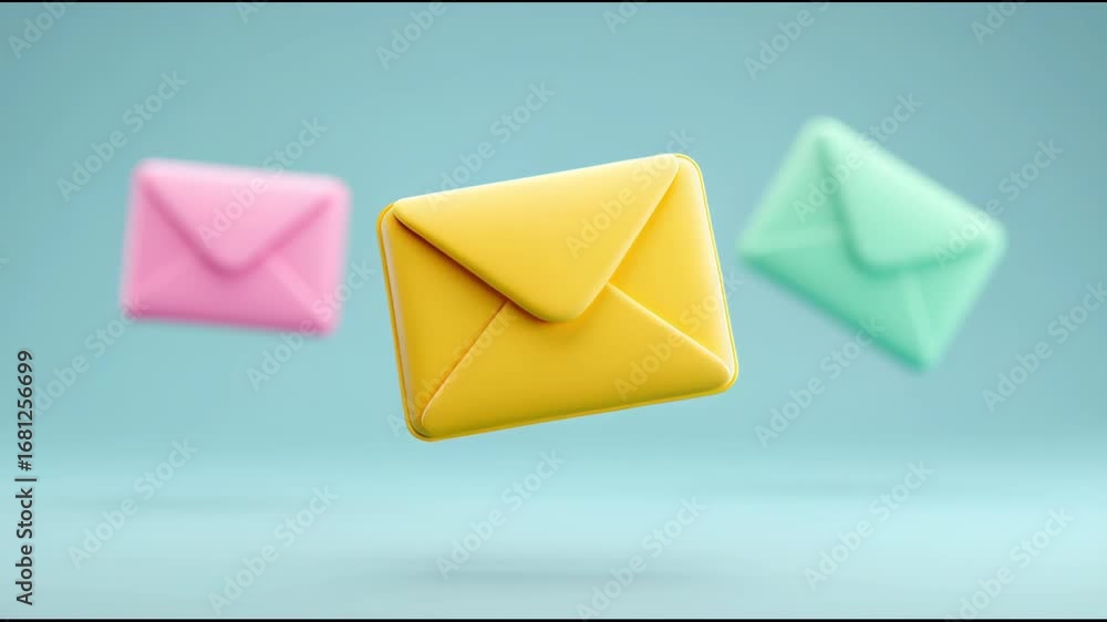 Poster Three envelopes with different colors are floating in the air. The yellow envelope is the largest and is in the middle. The pink envelope is smaller and is on the left