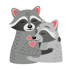 two cute raccoons hugging cartoon illustration