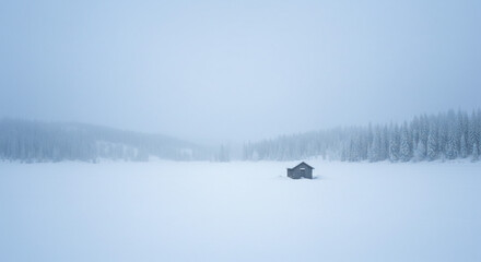 Serene winter landscape with isolated cabin nestled amidst snow-covered trees and foggy skies