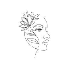 Elegant female face with floral adornment line art
