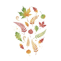 Isolated flat lay of autumn leaves and pumpkins on a white background with copy space; ideal for seasonal harvest, Halloween, and Thanksgiving designs