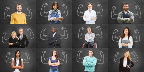 Personal aus vielen Branchen mit Muskel Armen als Kompetenz Konzept