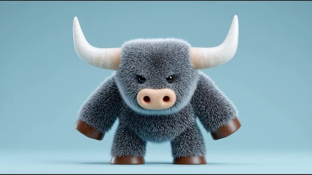A cartoon bull with horns is standing on a blue background. The bull has a menacing look on its face, and its horns are raised. Concept of danger and aggression, as if the bull is ready to charge