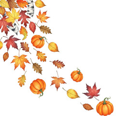 Isolated flat lay of autumn leaves and pumpkins on a white background with copy space; ideal for seasonal harvest, Halloween, and Thanksgiving designs