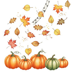 Isolated flat lay of autumn leaves and pumpkins on a white background with copy space; ideal for seasonal harvest, Halloween, and Thanksgiving designs
