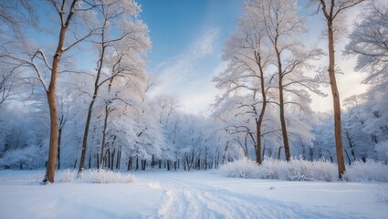 Obraz premium Snow-laden trees in a winter wilderness setting