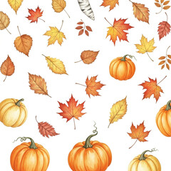 Isolated flat lay of autumn leaves and pumpkins on a white background with copy space; ideal for seasonal harvest, Halloween, and Thanksgiving designs