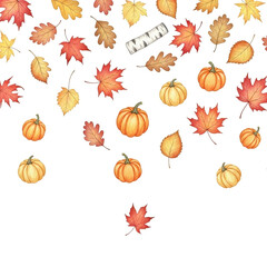 Isolated flat lay of autumn leaves and pumpkins on a white background with copy space; ideal for seasonal harvest, Halloween, and Thanksgiving designs