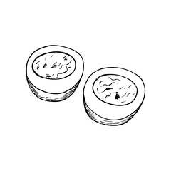Boiled egg cut in half sketch drawing. Prepared egg dish, healthy meal outline illustration in engraving style. Hand-drawn vector line art clipart isolated on a white background