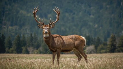Majestic Buck Deer Posing in a Grassland Setting with Evergreen Backdrop, Hunting Season Theme; Highlight on Tail