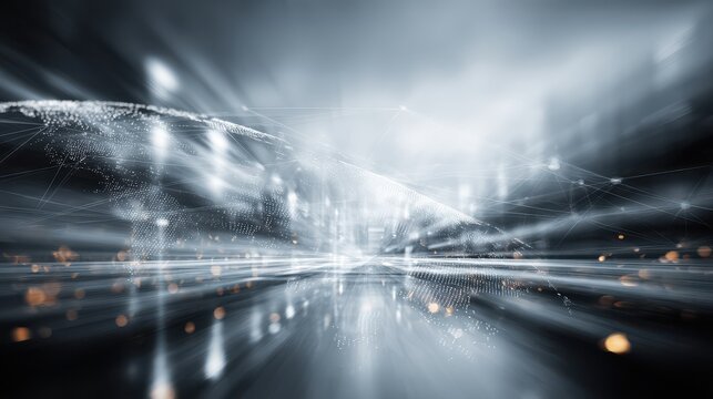 Digital world map projection with network connections and data flow in futuristic cityscape perspective - Powered by Adobe