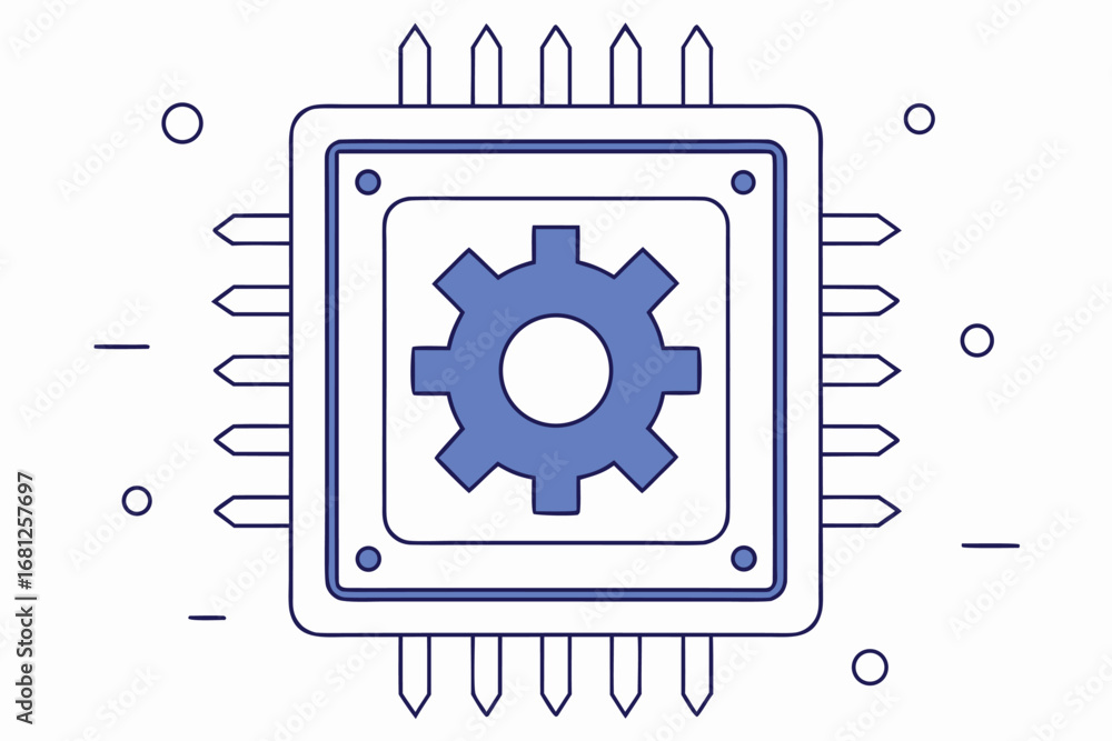 Poster stylized microchip with gear symbol and blue outline on white background computer chip processor