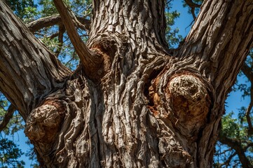 Fototapeta premium Detailed view of a twisted cedar tree trunk with ancient, knobby growths under a clear blue sky