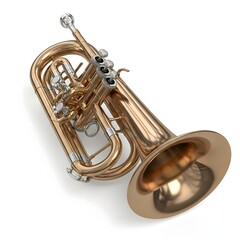 Obraz premium Close-up view of a brass horn, a musical instrument, isolated on a white background, symbolizing music and performance