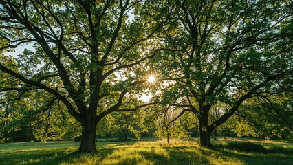 Sunlight filtering through trees following a rain shower