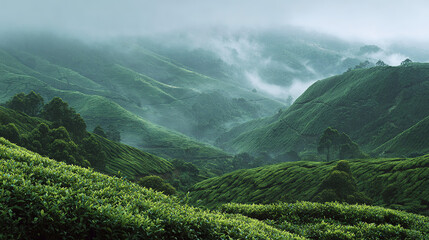 Lush green tea plantation in rolling hills with misty mountains in the background - Scenic landscape