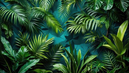 Exotic botanical backdrop showcasing dense green plants and abstract leaves with creative copy area