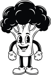 Broccoli: A fun cartoon illustration of a happy broccoli character, in a classic retro animation style.
