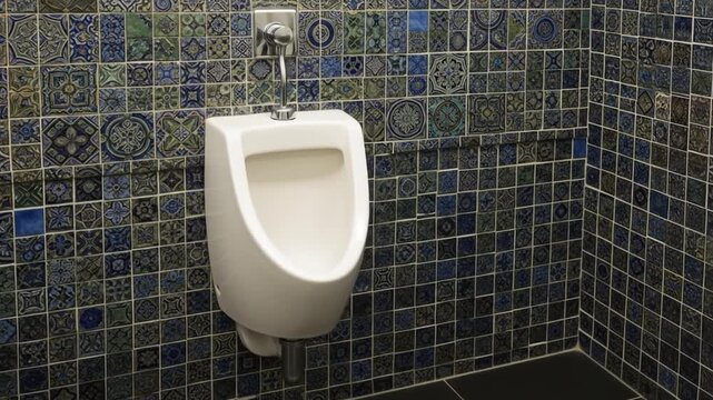 Modern urinal against a decorative tiled wall in a public restroom with intricate patterns