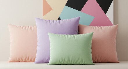 Cozy pastel pillows arranged artfully before a vibrant geometric wall art for modern home decor