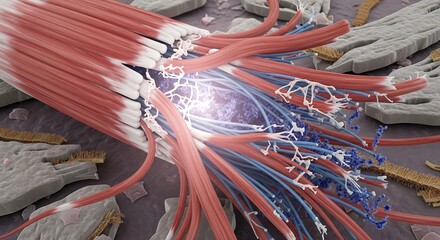 Advanced medical illustration of a ruptured muscle fiber, showcasing cellular damage and bio-electrical activity