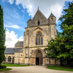 Naklejka premium A stately, historic church facade, showcasing intricate architectural details and a peaceful, tranquil setting.
