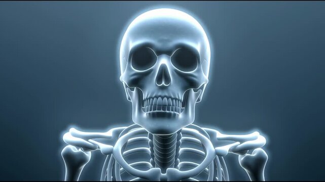 A skeleton is holding a sword in a dark room. The skeleton is standing in front of a wall and the sword is in its hand